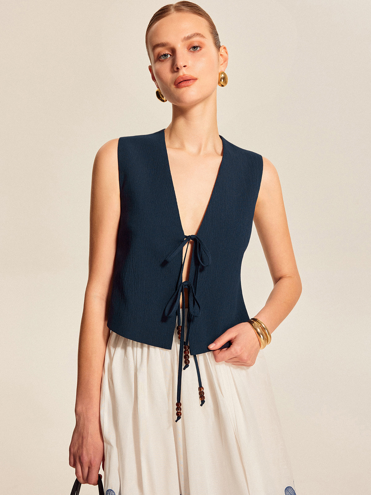 Tie Front Beaded Sleeveless Top-Massicos