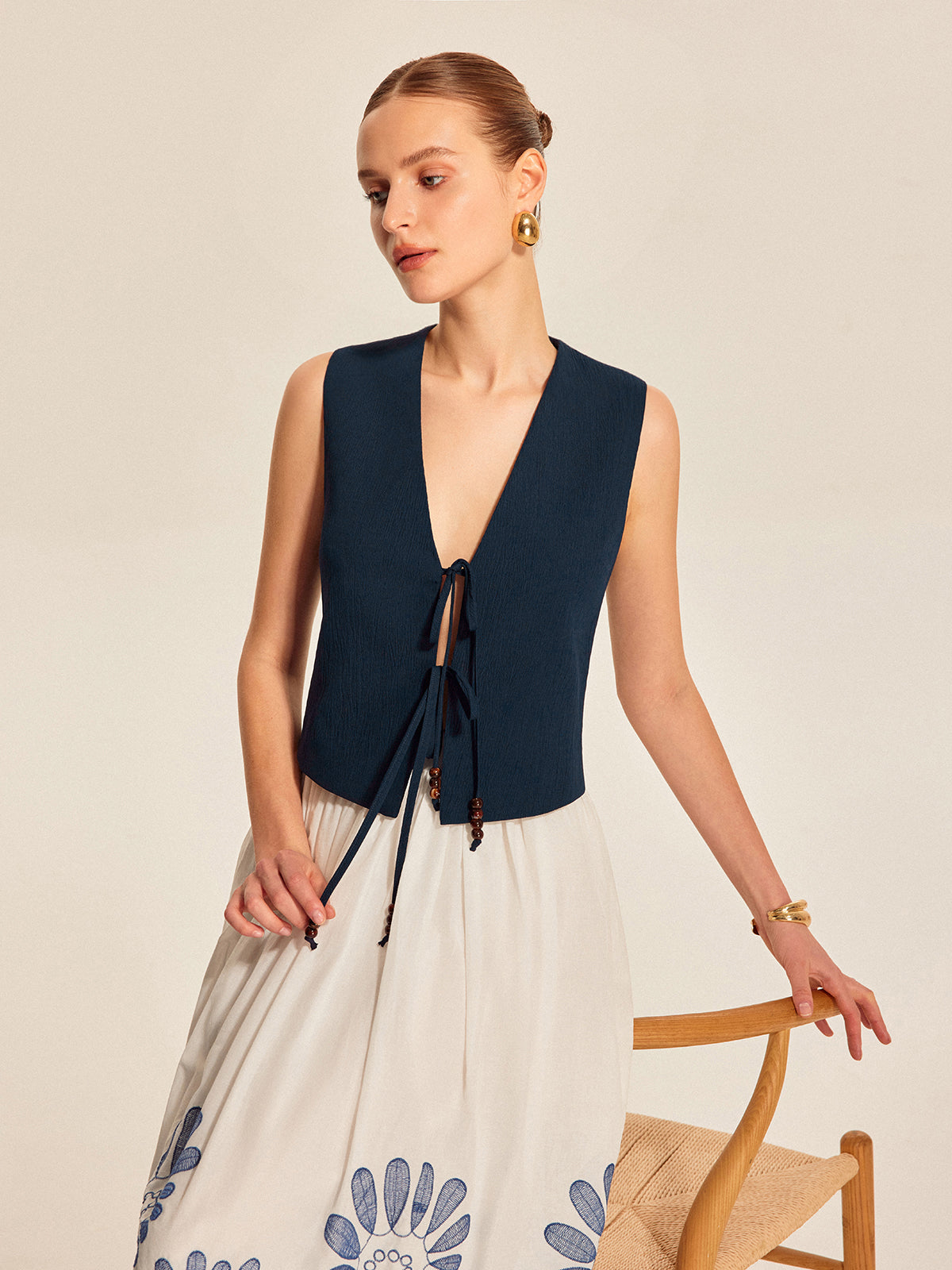 Tie Front Beaded Sleeveless Top-Massicos