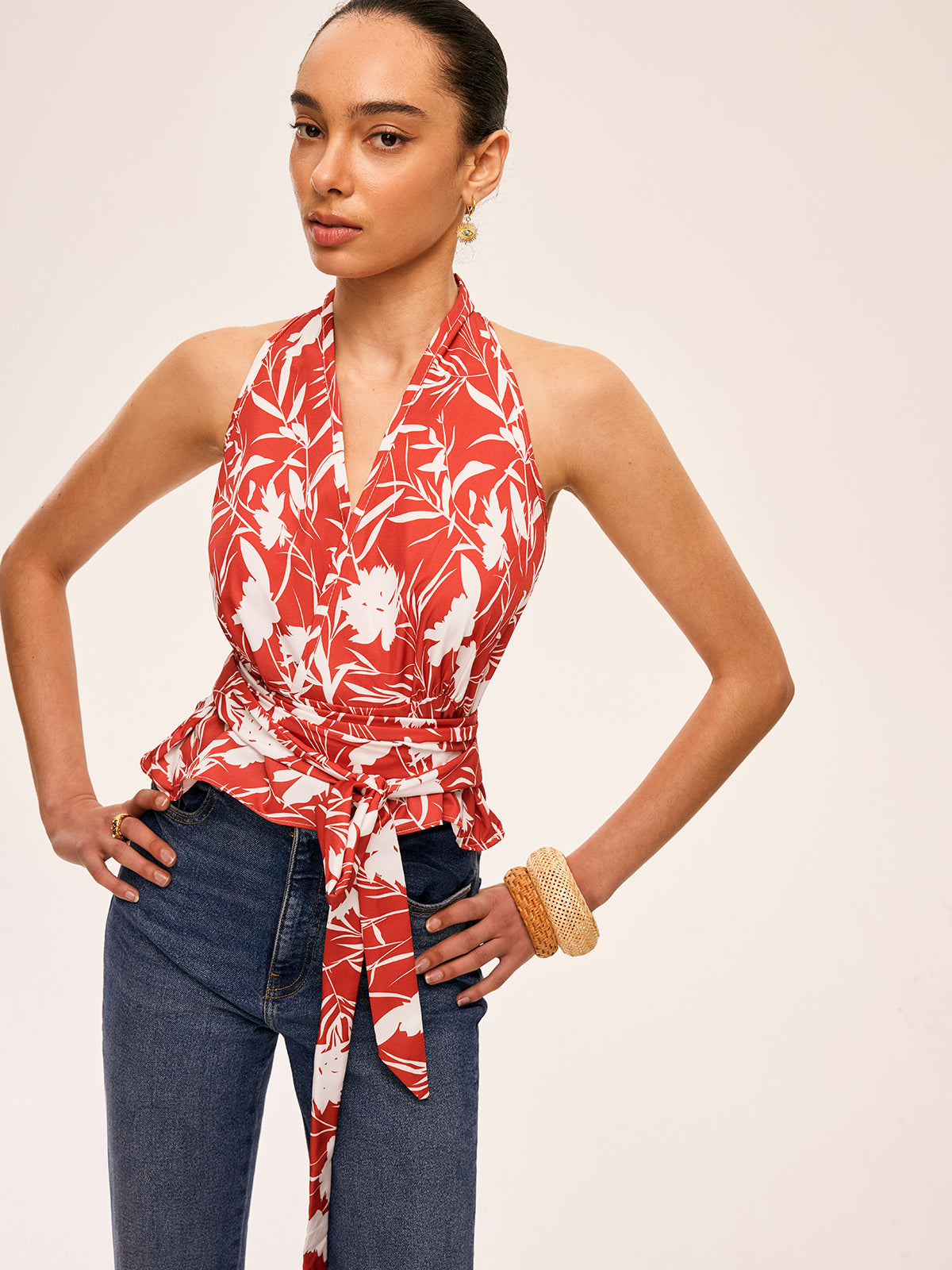 Floral Halter Neck Tie Waist Top-Massicos