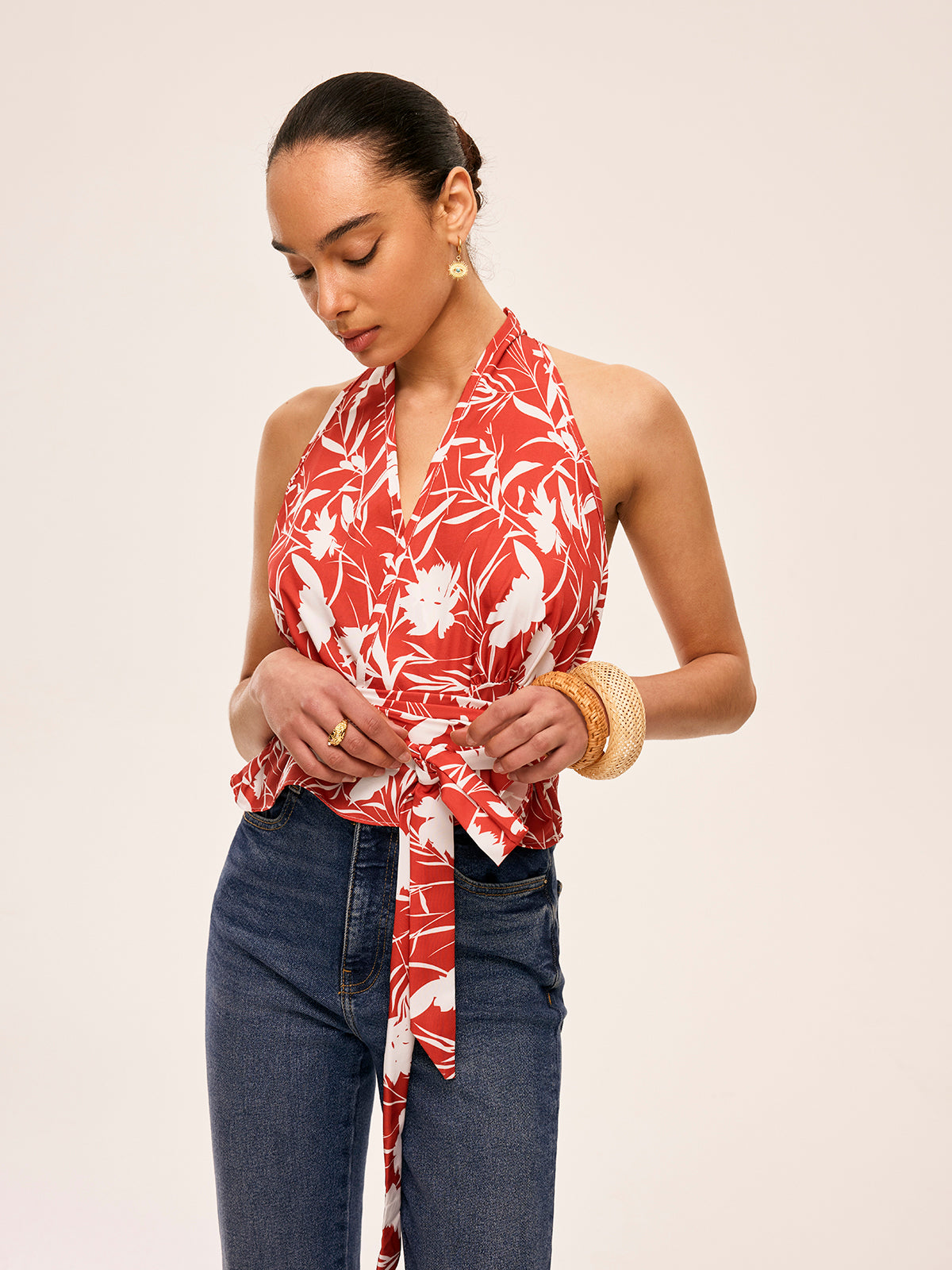 Floral Halter Neck Tie Waist Top-Massicos