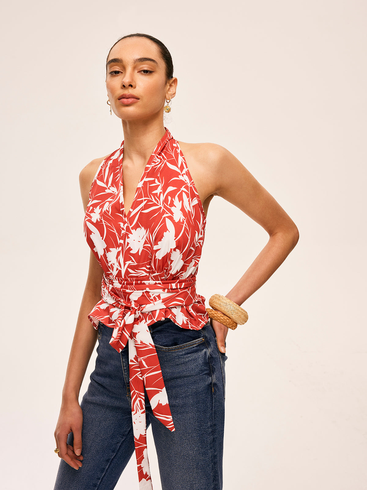 Floral Halter Neck Tie Waist Top-Massicos