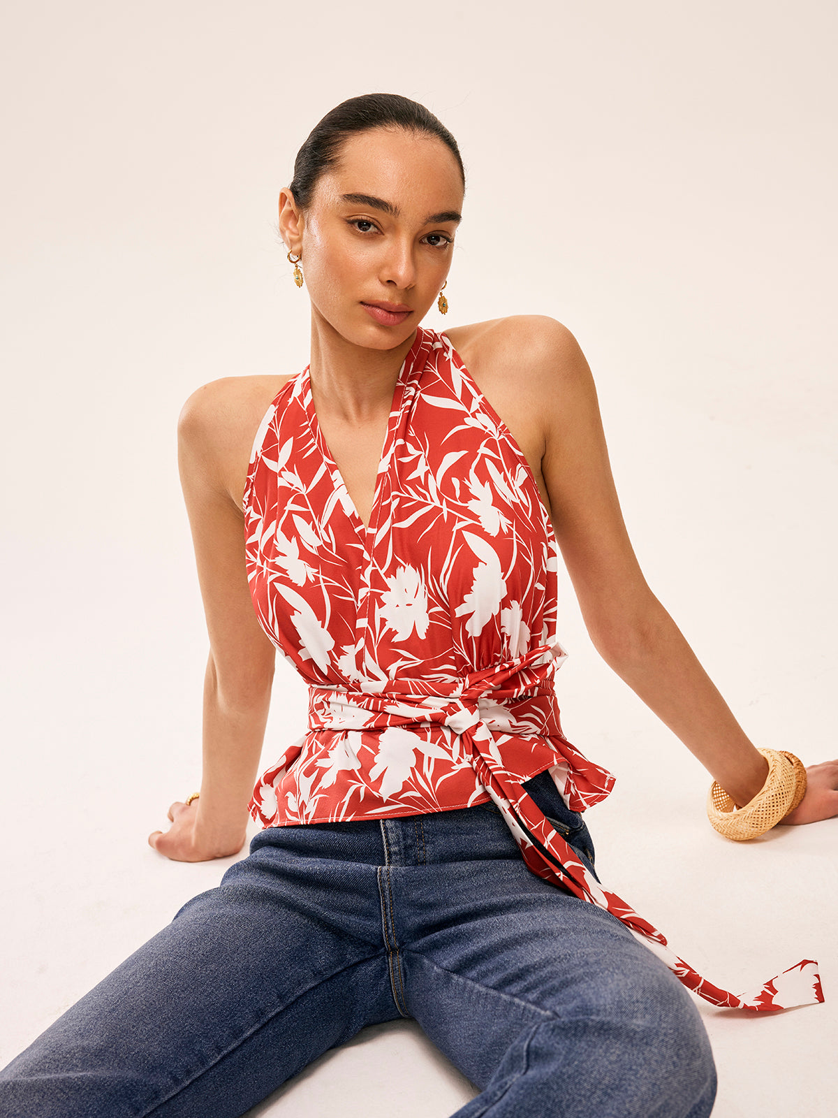 Floral Halter Neck Tie Waist Top-Massicos