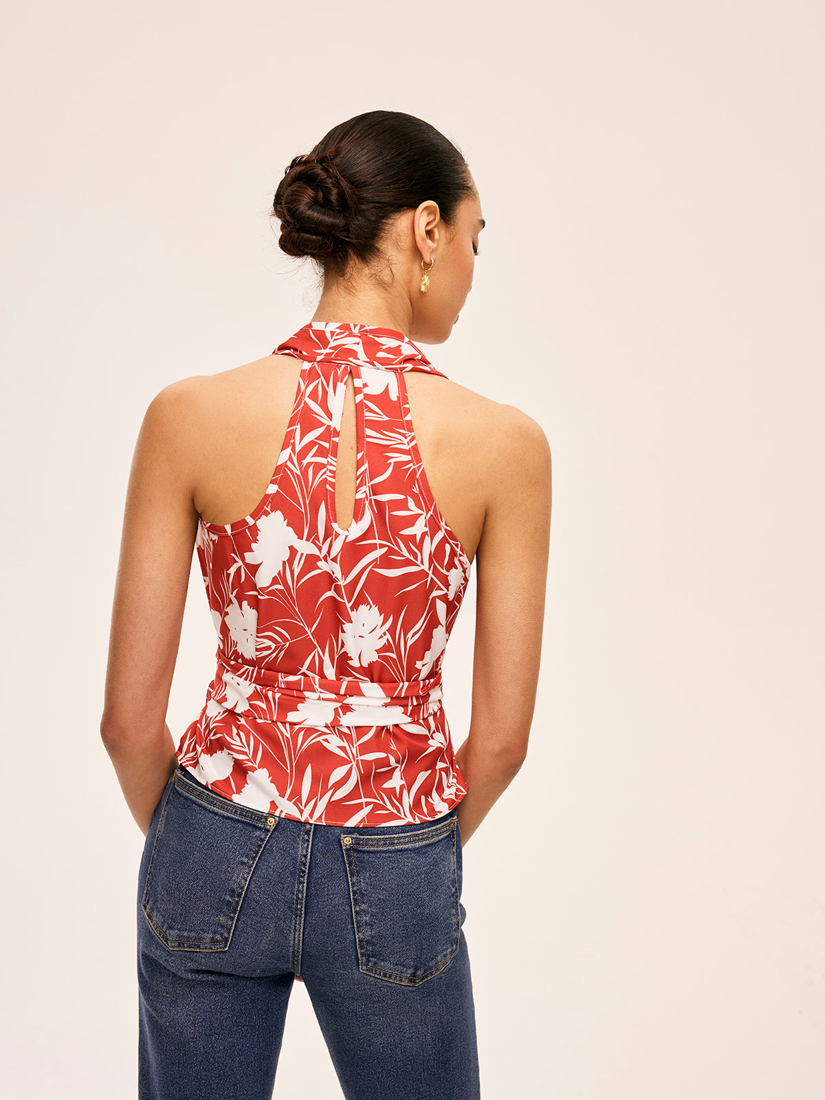 Floral Halter Neck Tie Waist Top-Massicos