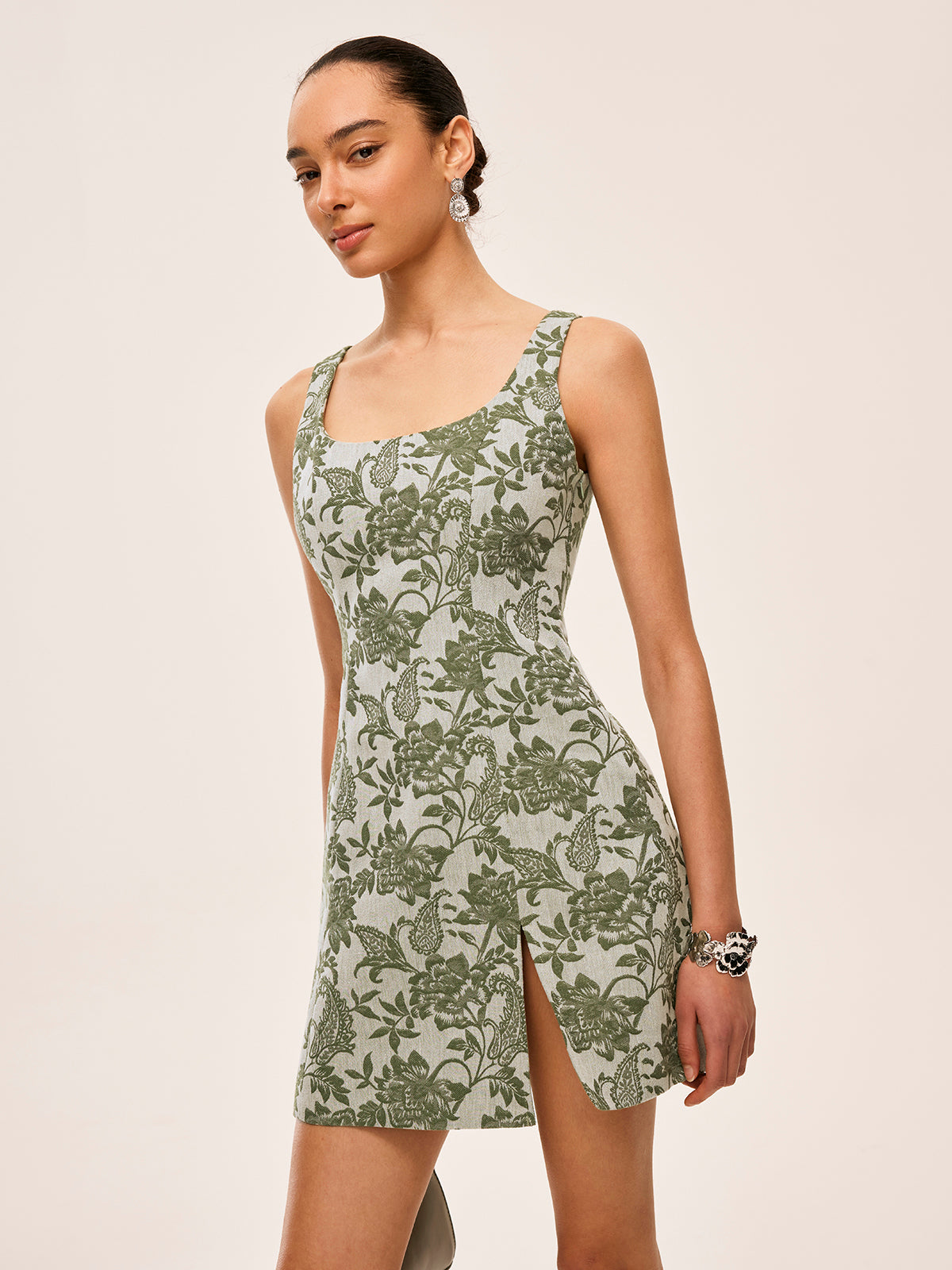 Floral Print Square Neck Dress With Side Slit-Massicos