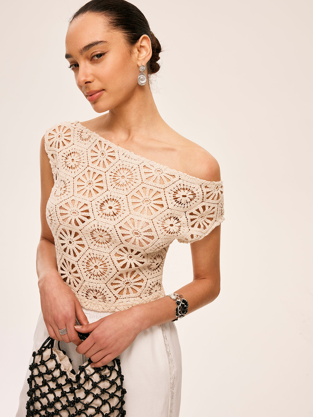 Asymmetrical Off-Shoulder Semi-Sheer Crochet Top-Massicos