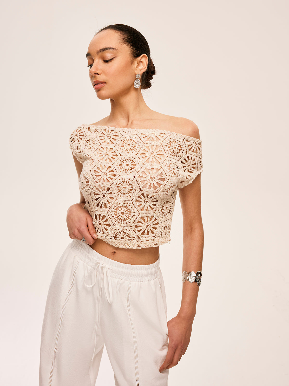 Asymmetrical Off-Shoulder Semi-Sheer Crochet Top-Massicos