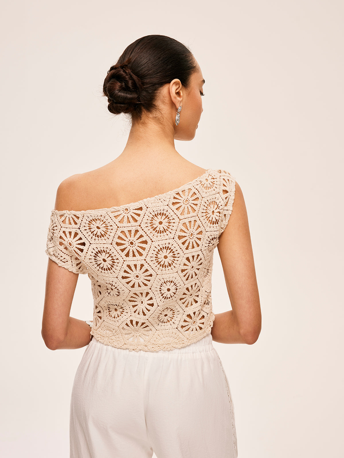 Asymmetrical Off-Shoulder Semi-Sheer Crochet Top-Massicos