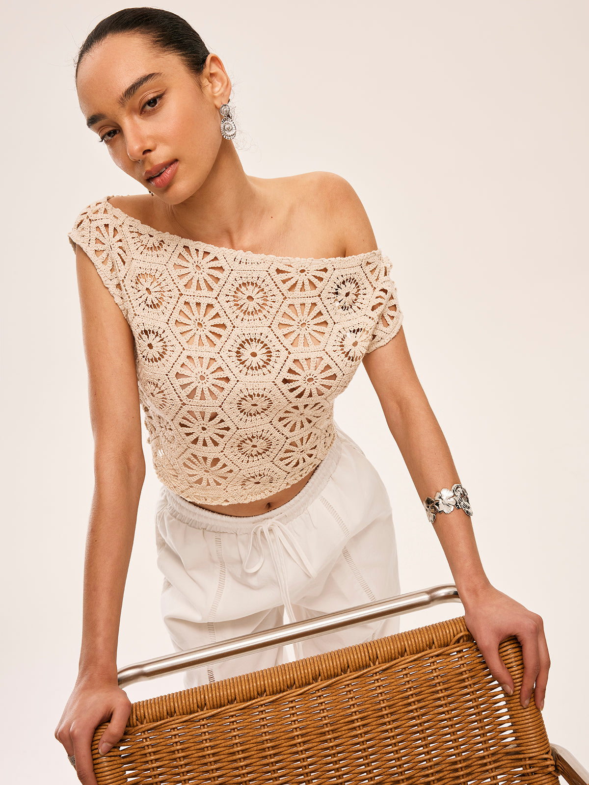 Asymmetrical Off-Shoulder Semi-Sheer Crochet Top-Massicos