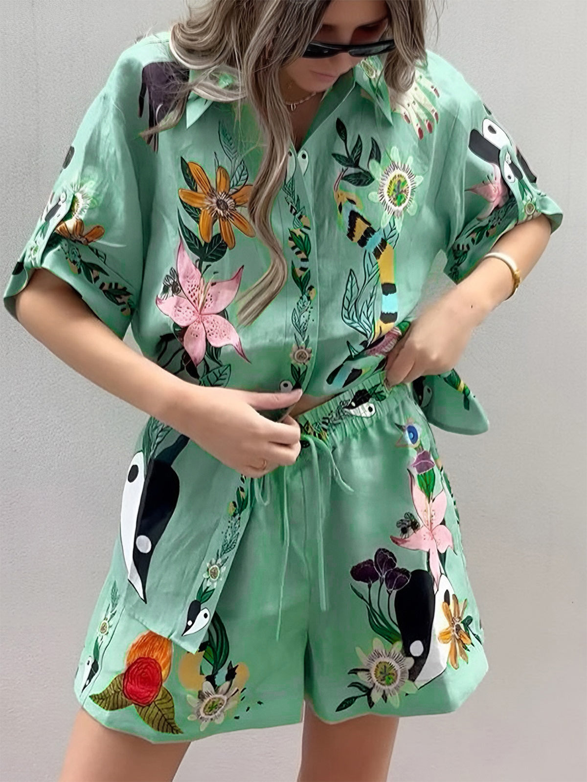 Oversized Floral Print Shorts Set-Massicos