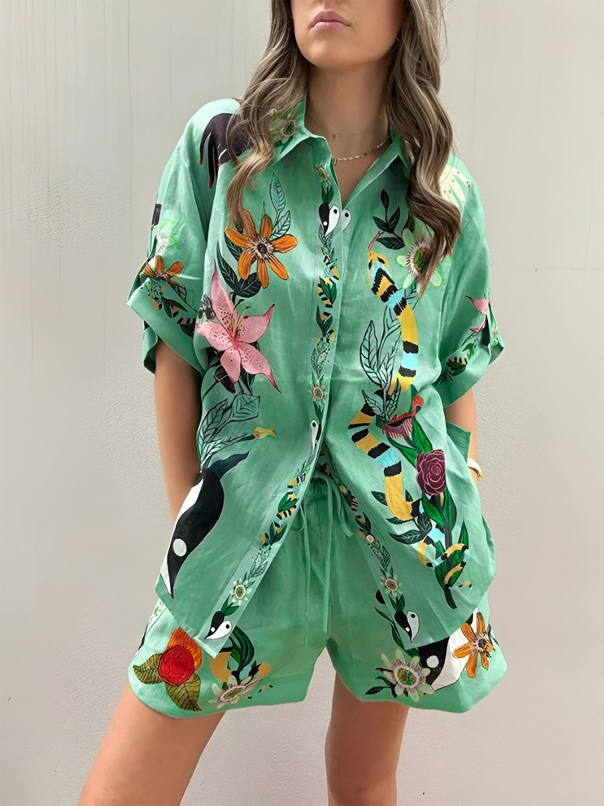 Oversized Floral Print Shorts Set-Massicos