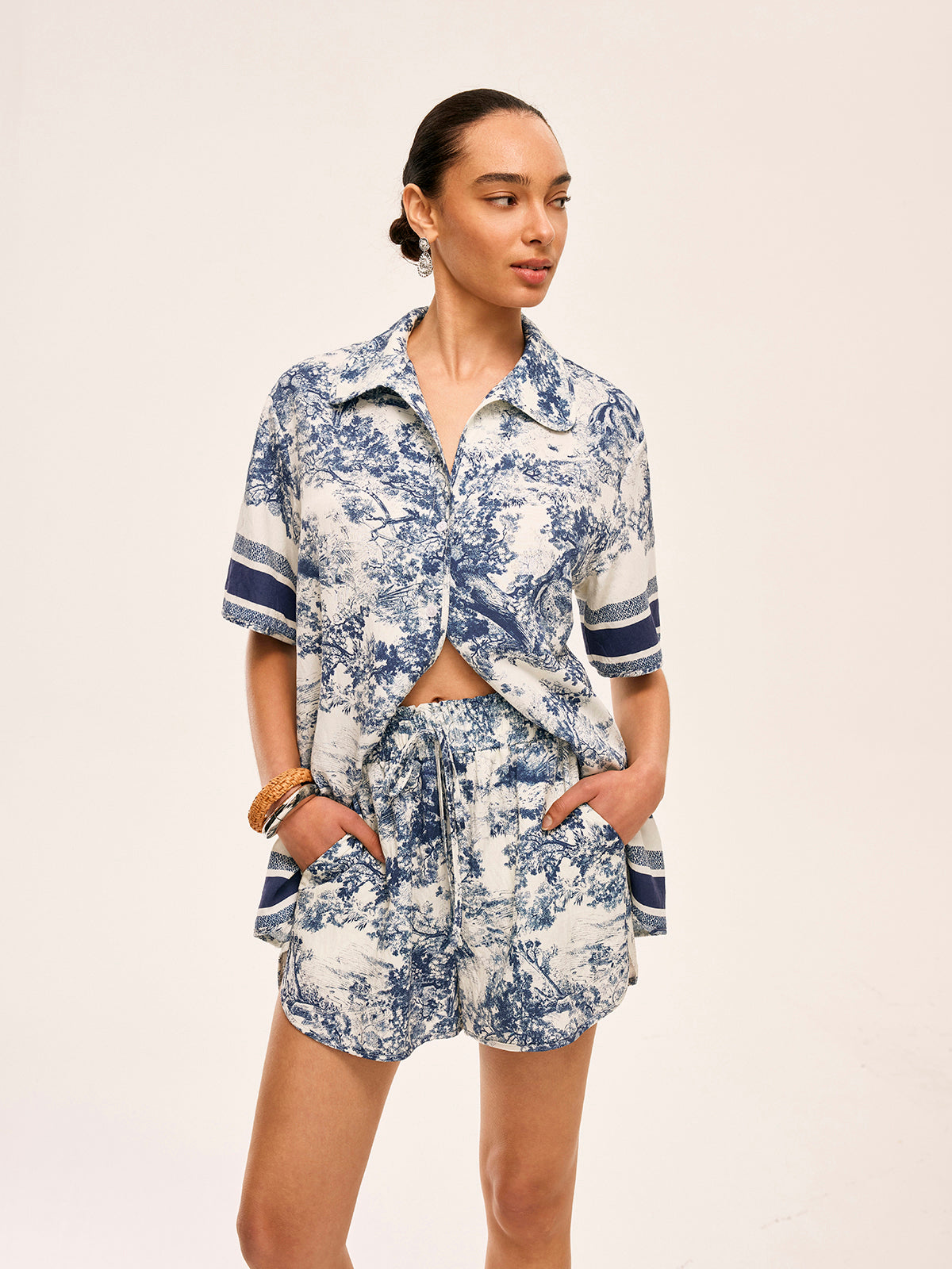 Printed Contrast Trim Shorts Sets-Massicos