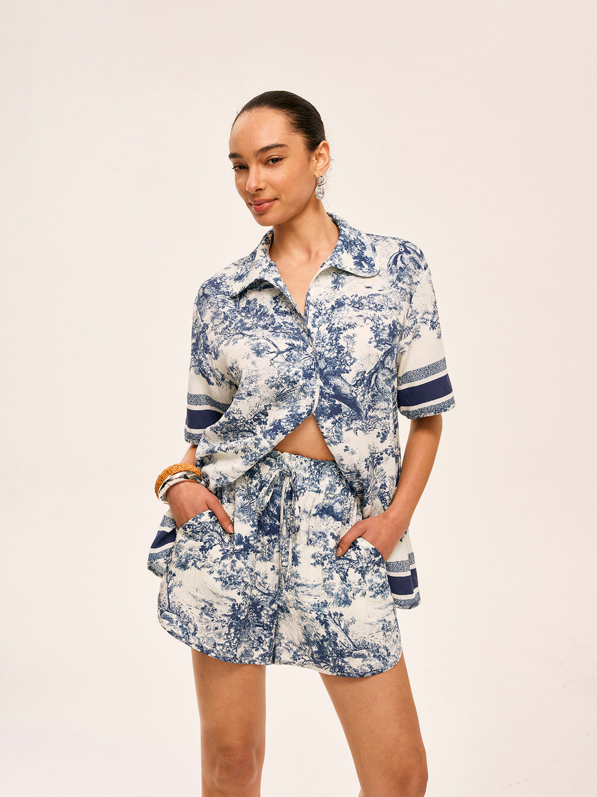Printed Contrast Trim Shorts Sets-Massicos