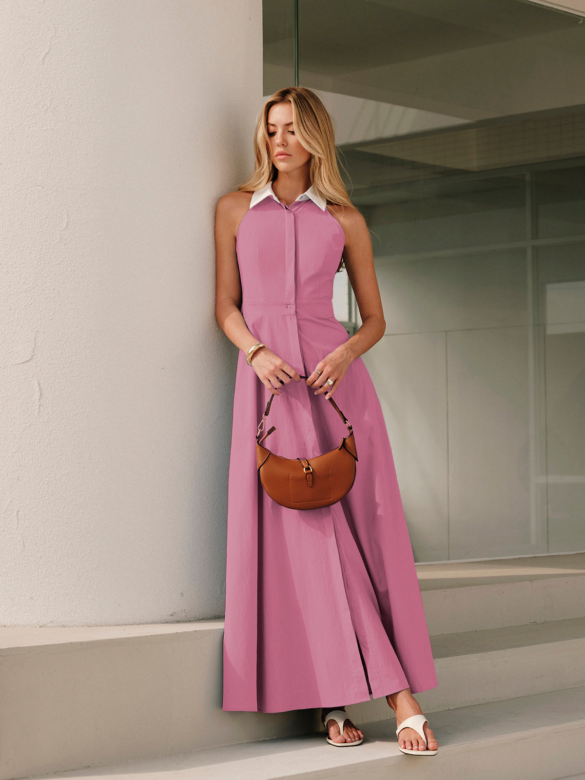 Button Sleeveless Collar Dress-Massicos
