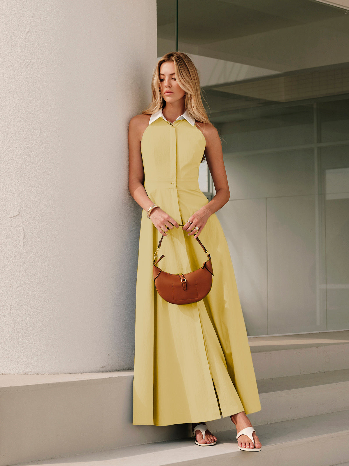Button Sleeveless Collar Dress-Massicos