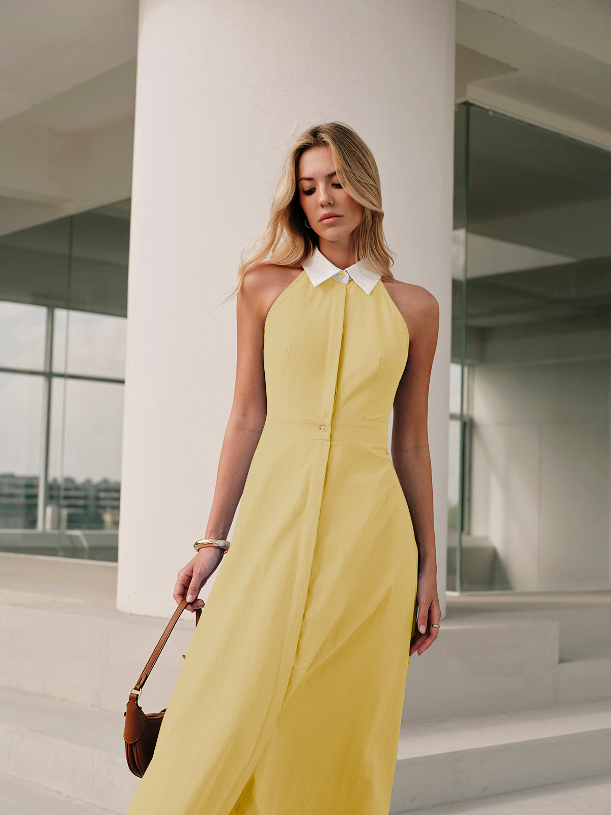 Button Sleeveless Collar Dress-Massicos