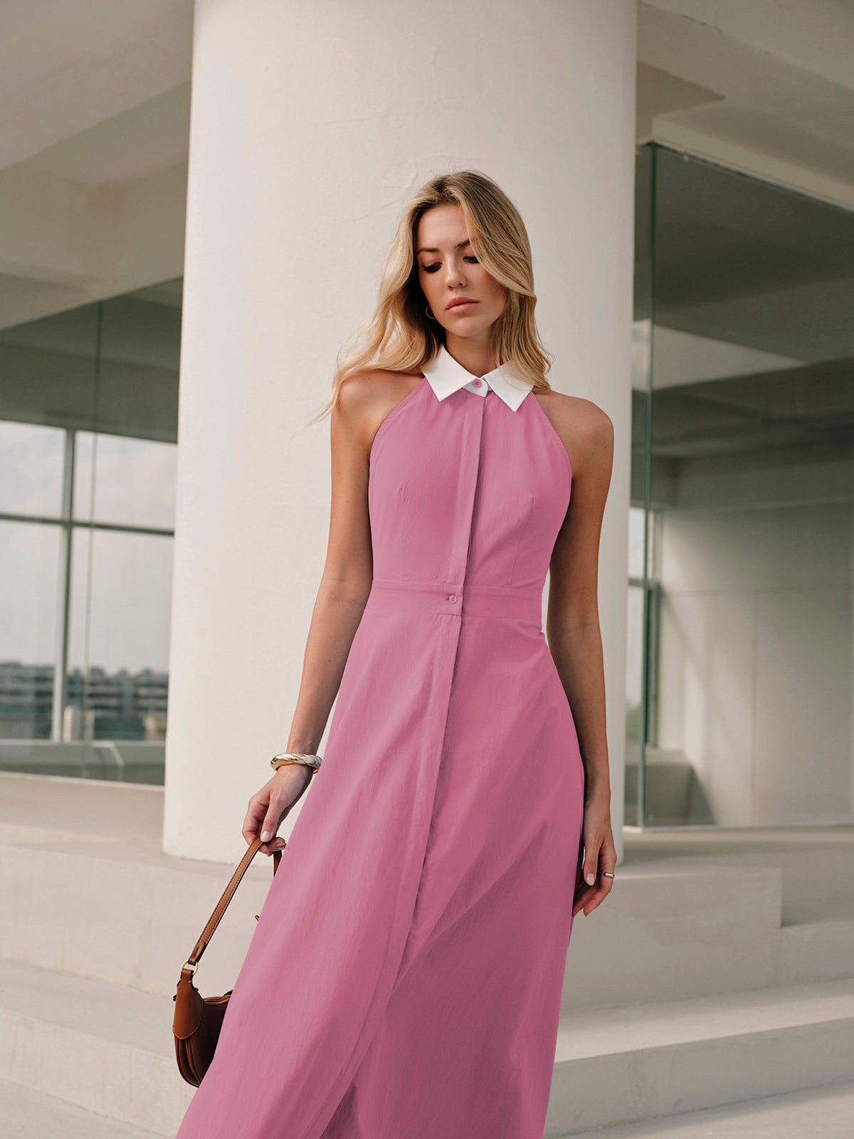 Button Sleeveless Collar Dress-Massicos