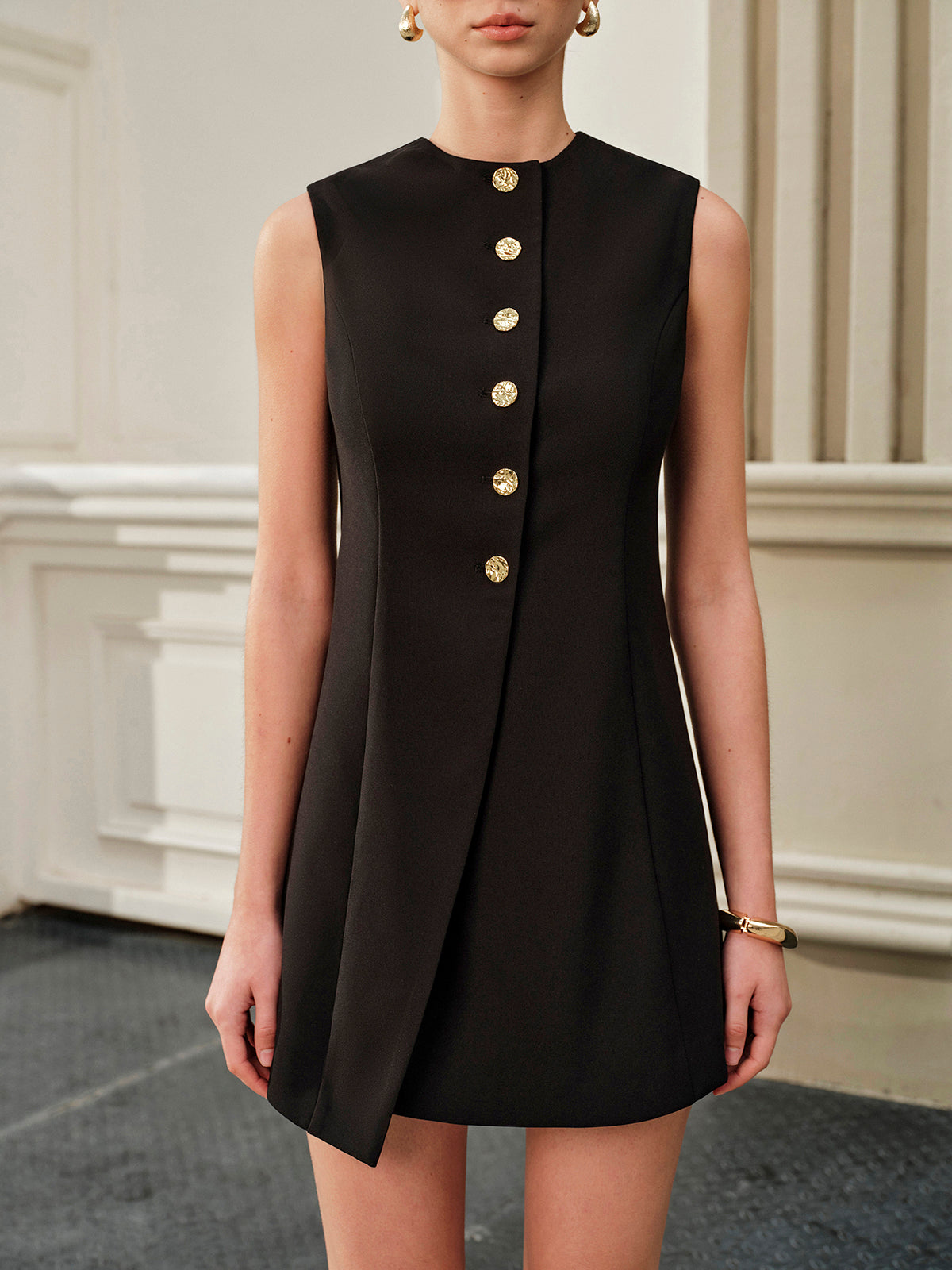 Asymmetrical Tie-Back Metal Button Dress-Massicos