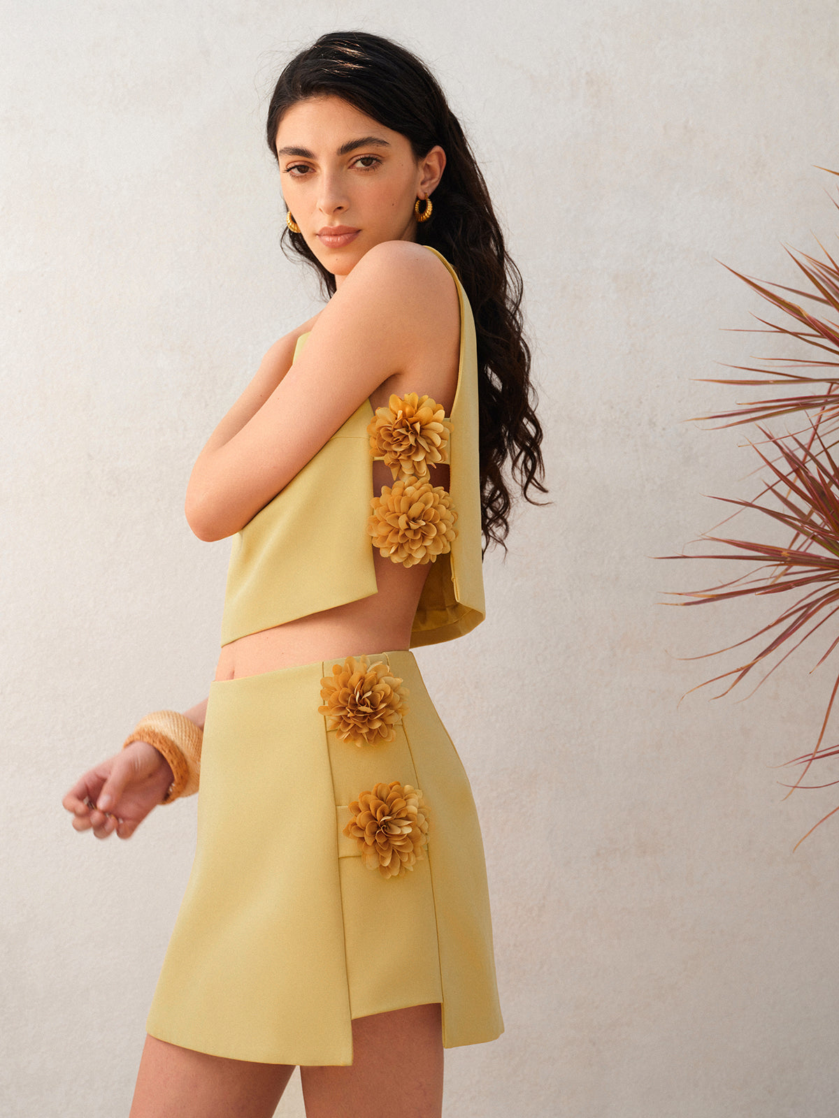3D Floral Embellished Short Skirt Set-Massicos