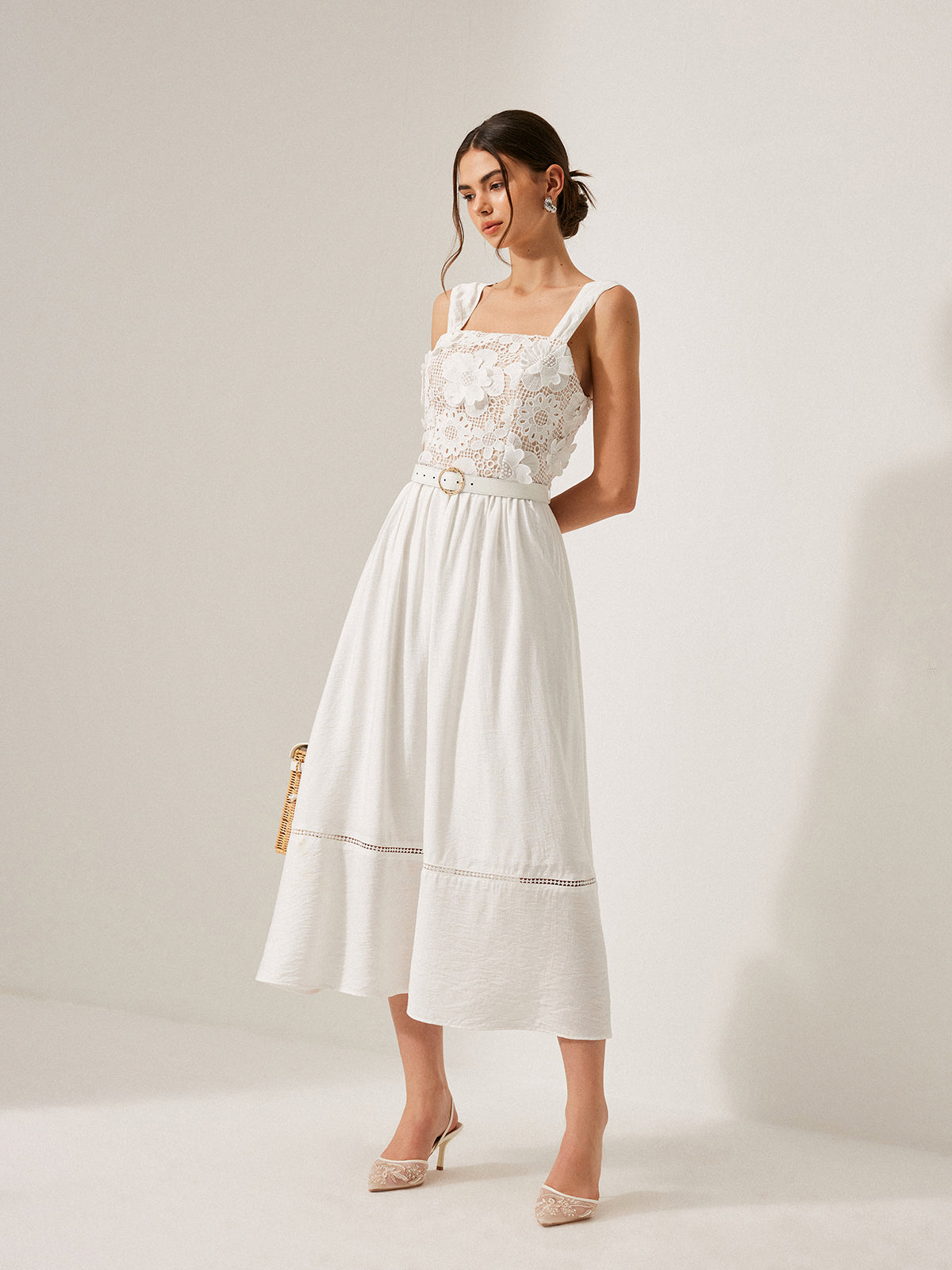 Cotton Floral Lace Belted Dress-Massicos
