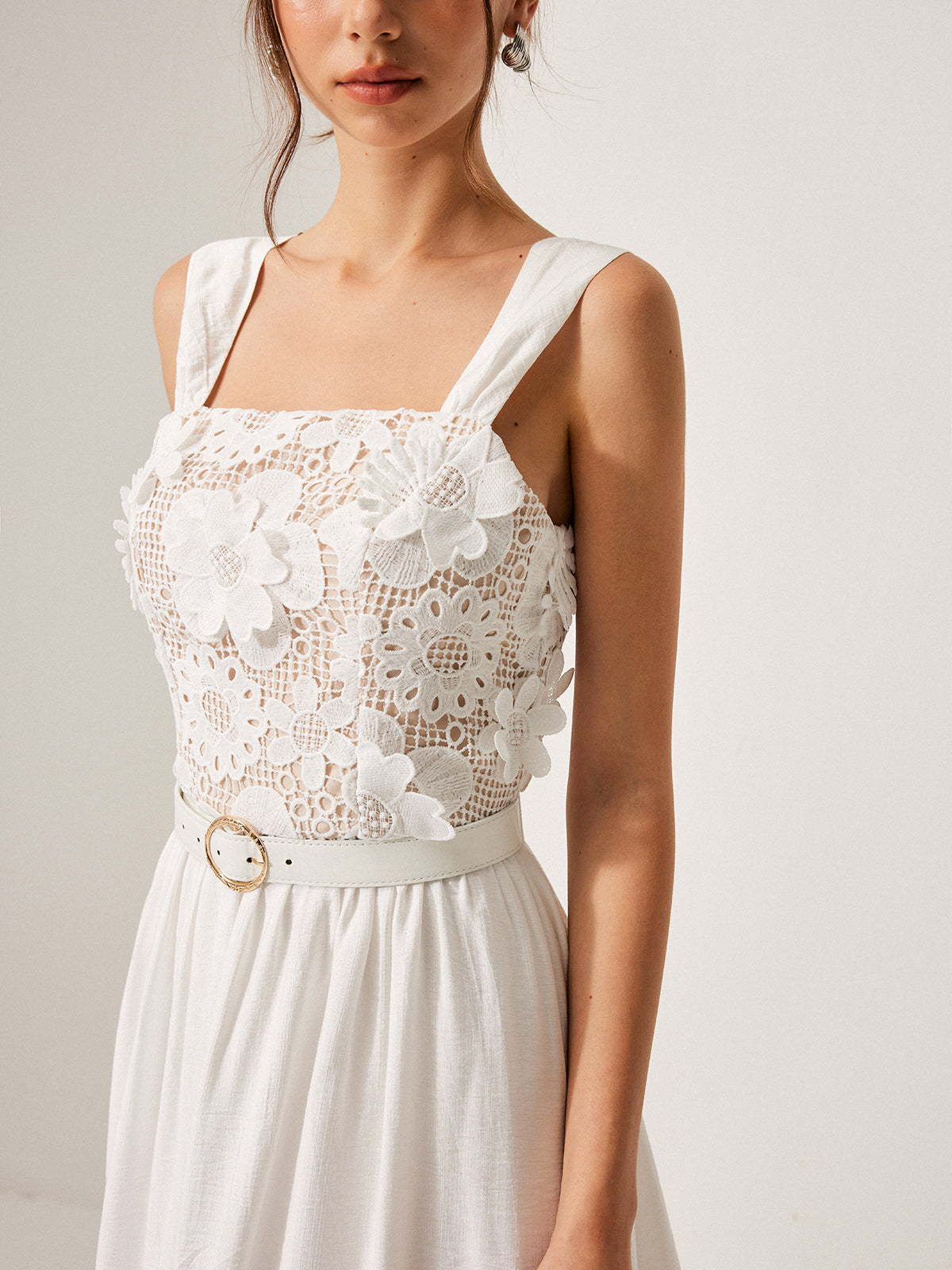 Cotton Floral Lace Belted Dress-Massicos