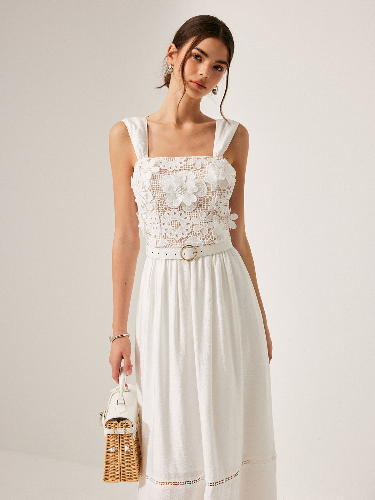 Cotton Floral Lace Belted Dress-Massicos
