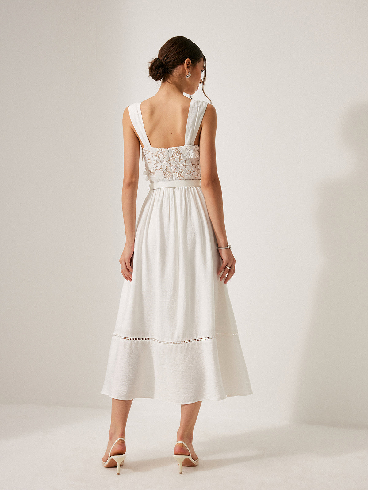Cotton Floral Lace Belted Dress-Massicos