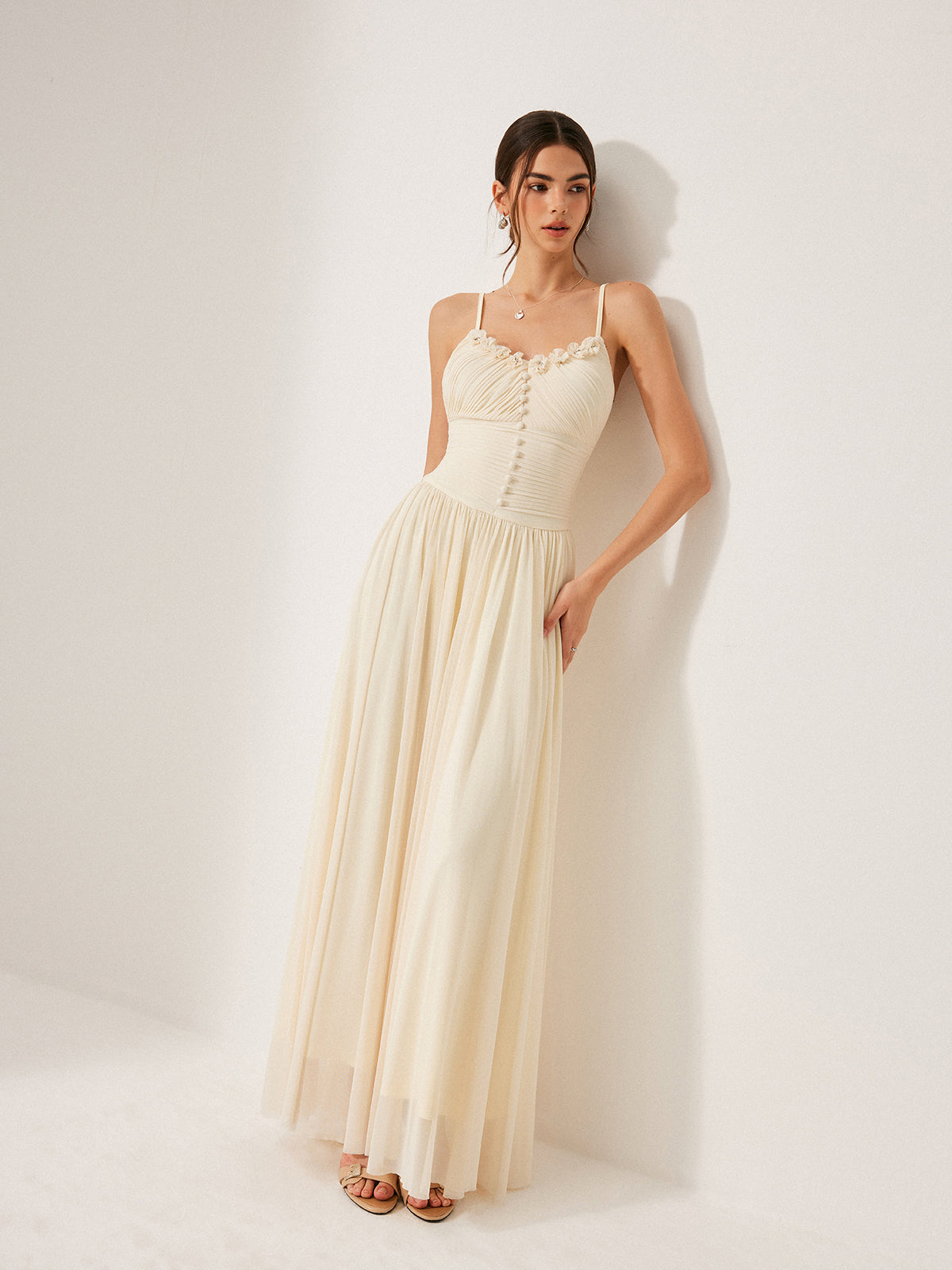 Button-Detail Mesh Panel Dress-Massicos