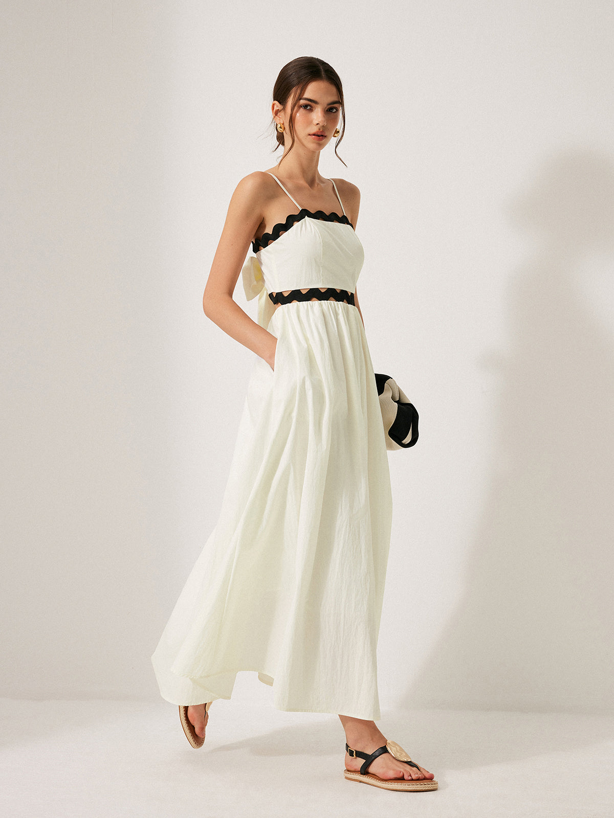 Scalloped Trim Back Tie Dress-Massicos