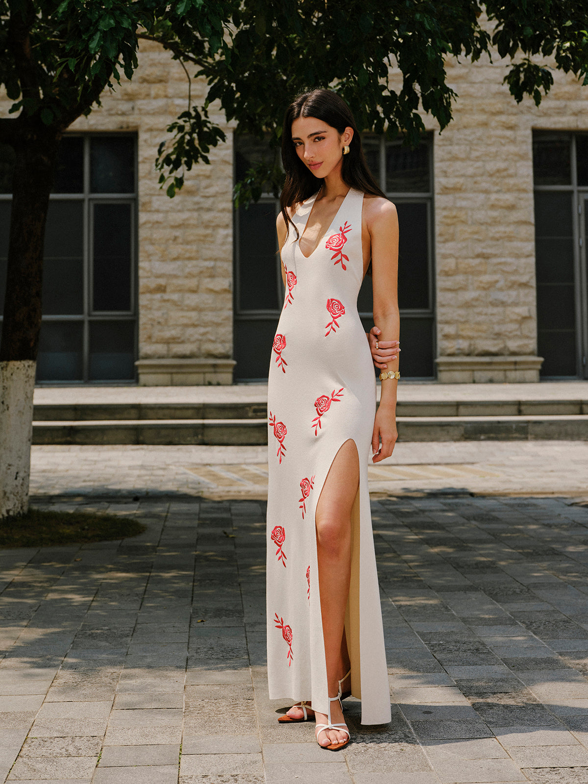 Embroidered Split Knit Halter Dress-Massicos