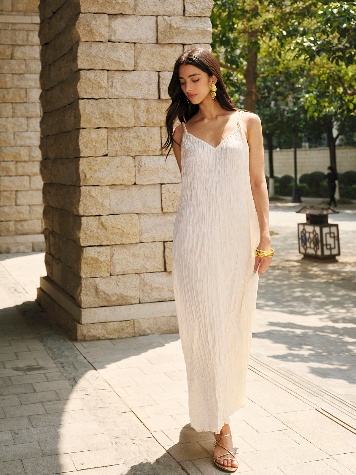Satin V-Neck Cami Dress-Massicos