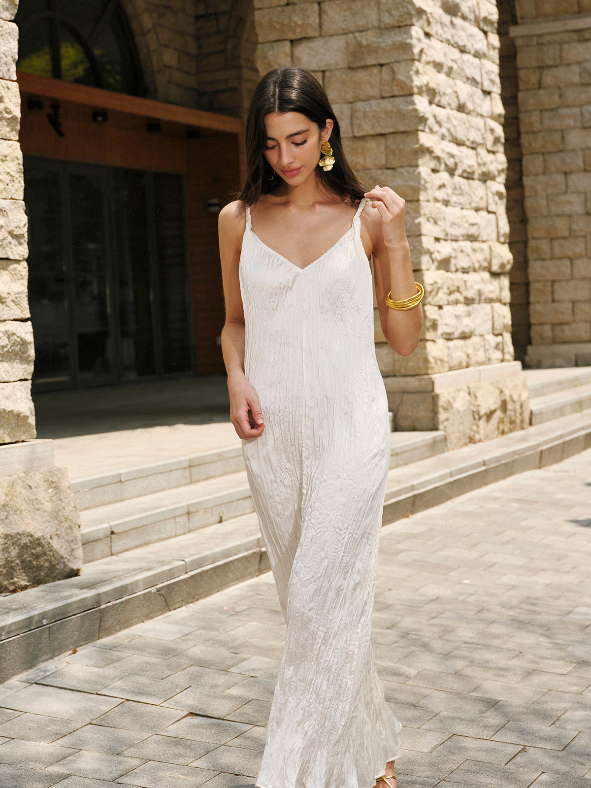 Satin V-Neck Cami Dress-Massicos
