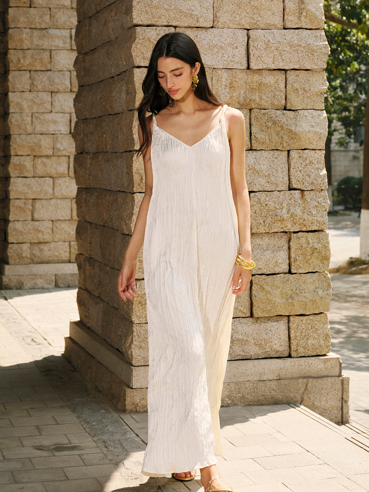 Satin V-Neck Cami Dress-Massicos