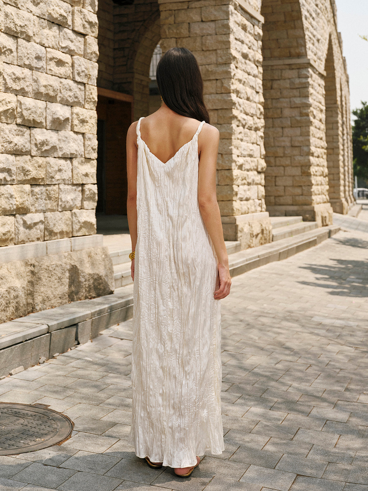 Satin V-Neck Cami Dress-Massicos