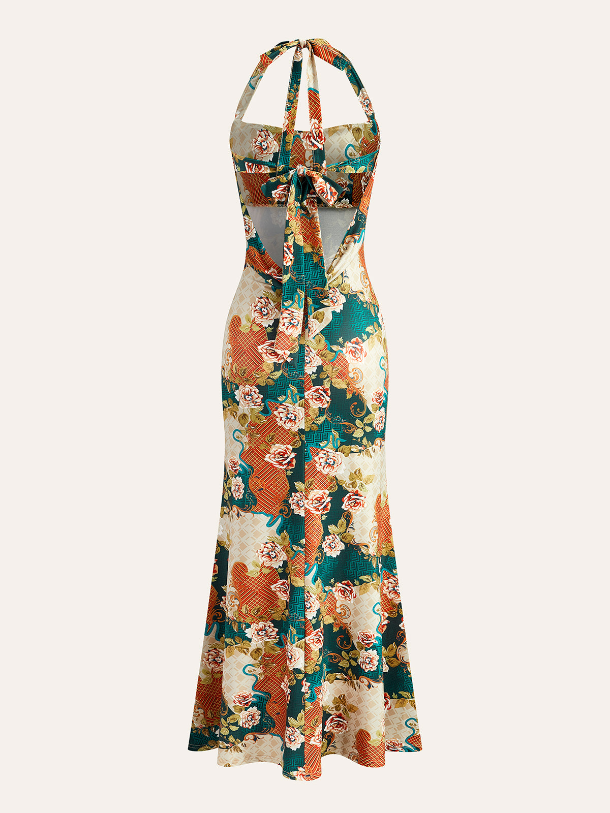 Halter Neck Back-Tie Floral Dress-Massicos
