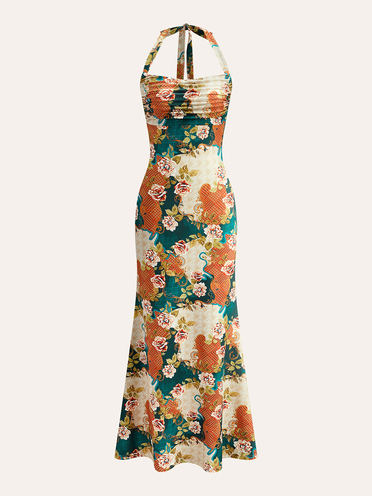 Halter Neck Back-Tie Floral Dress-Massicos