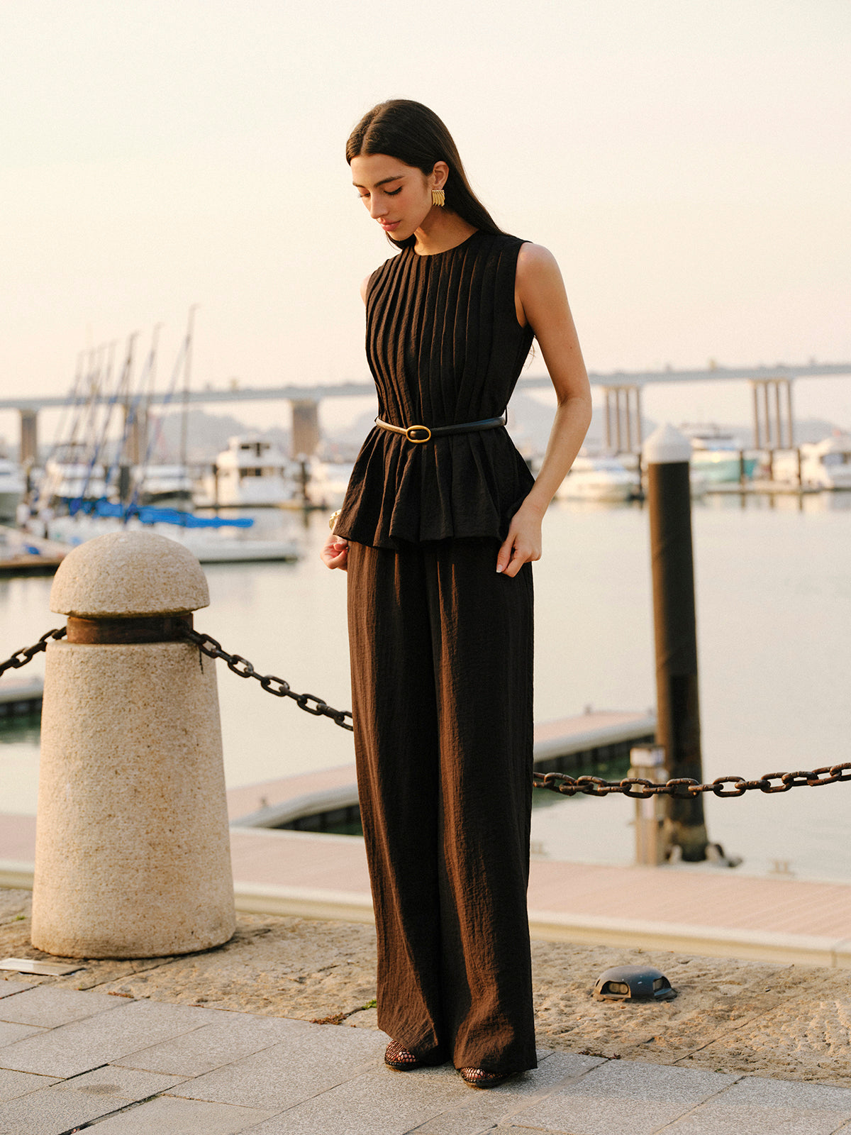 Peplum Top Wide-Leg Pants Set With Belt-Massicos