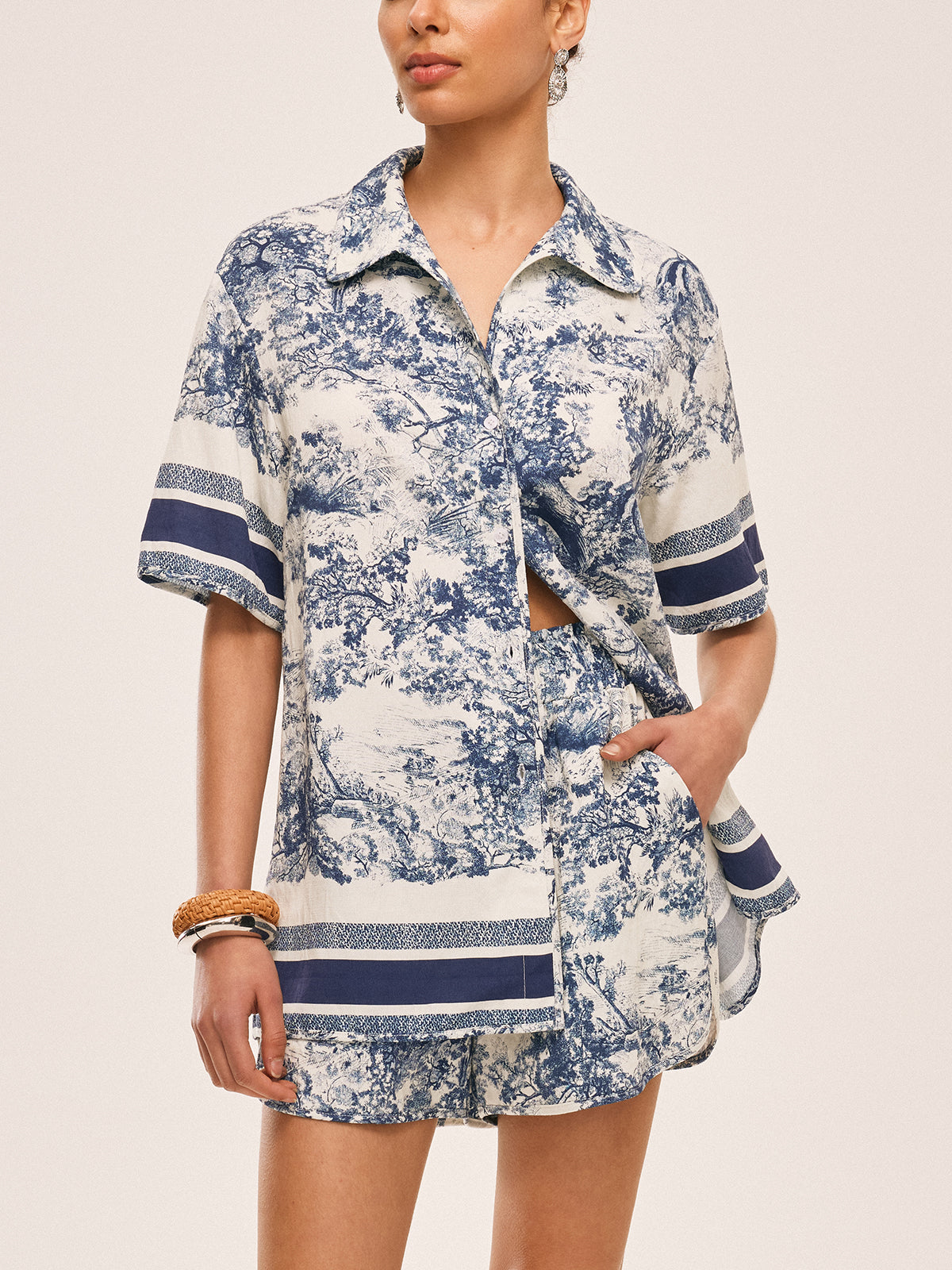 Printed Contrast Trim Shorts Sets-Massicos
