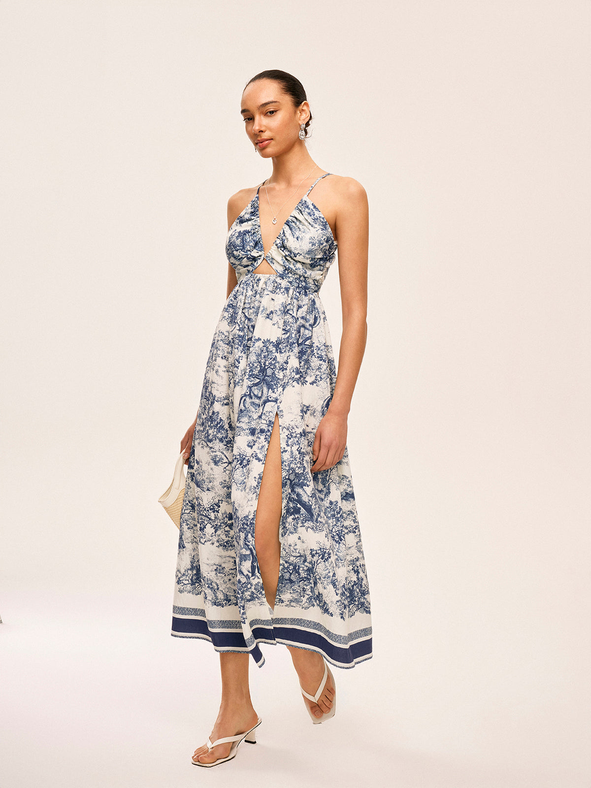 Printed Contrast Trim Knotted Spilt Dress-Massicos