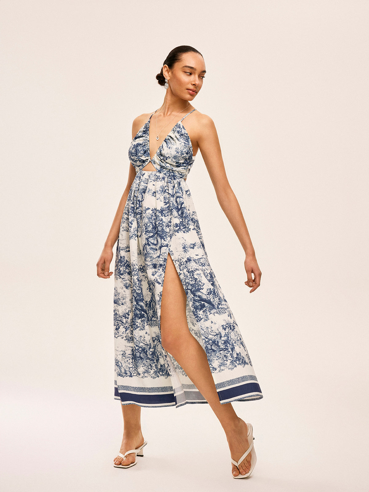 Printed Contrast Trim Knotted Spilt Dress-Massicos
