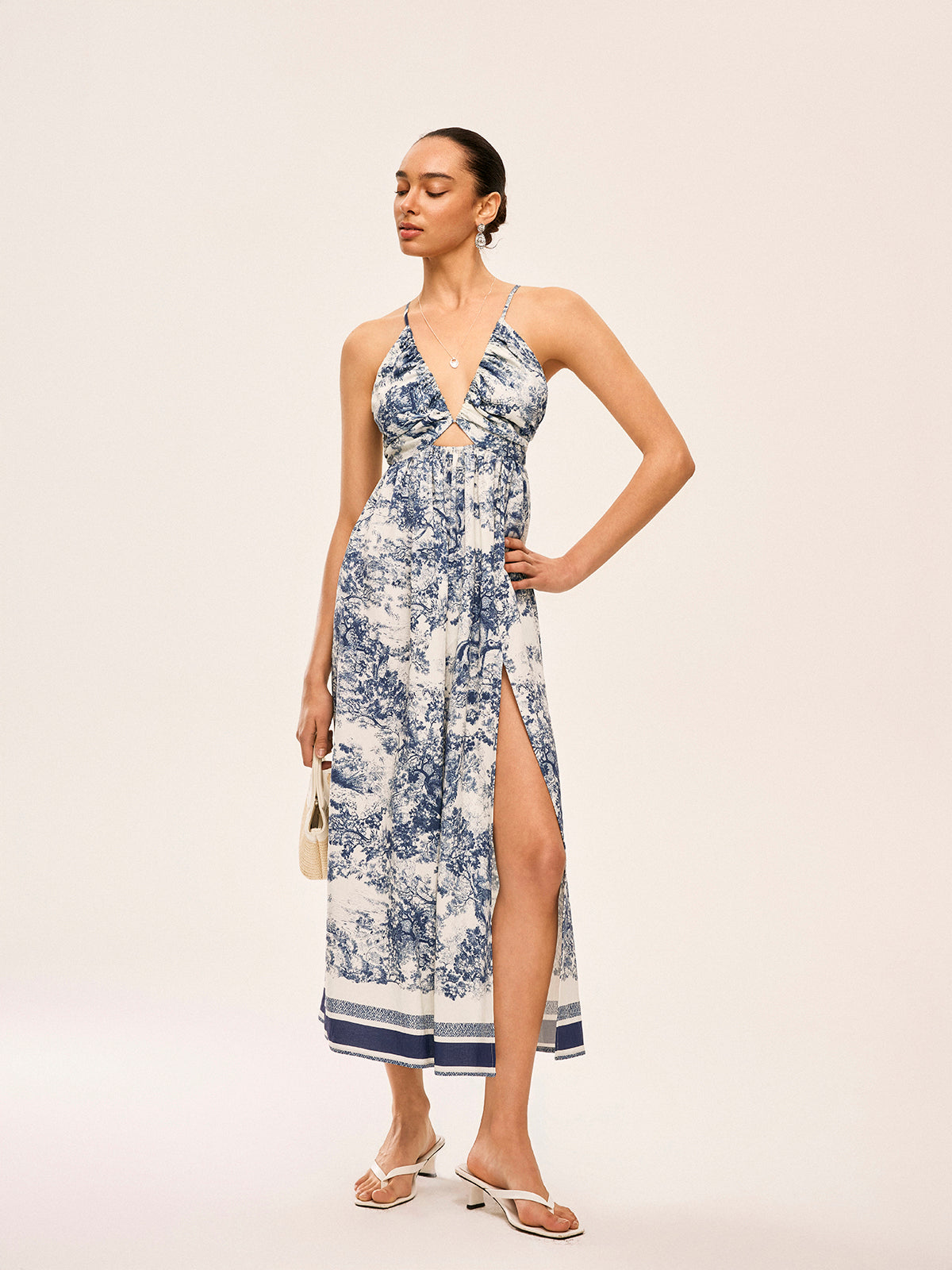 Printed Contrast Trim Knotted Spilt Dress-Massicos