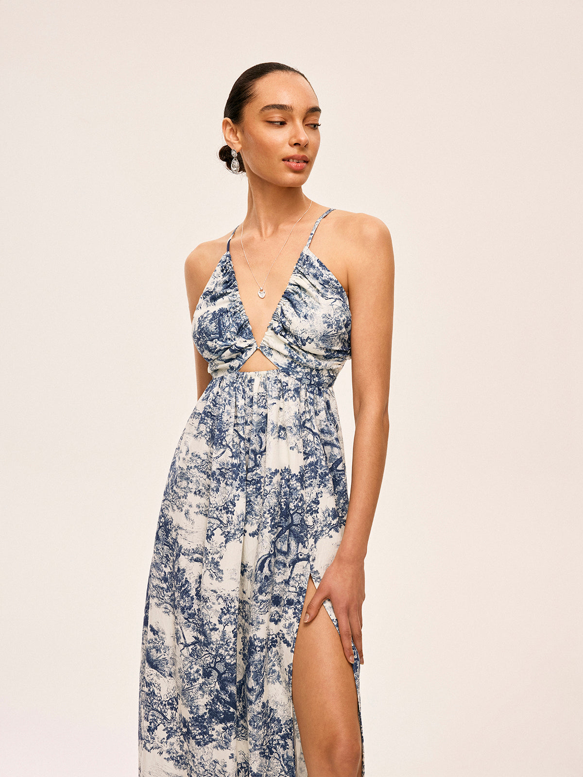 Printed Contrast Trim Knotted Spilt Dress-Massicos