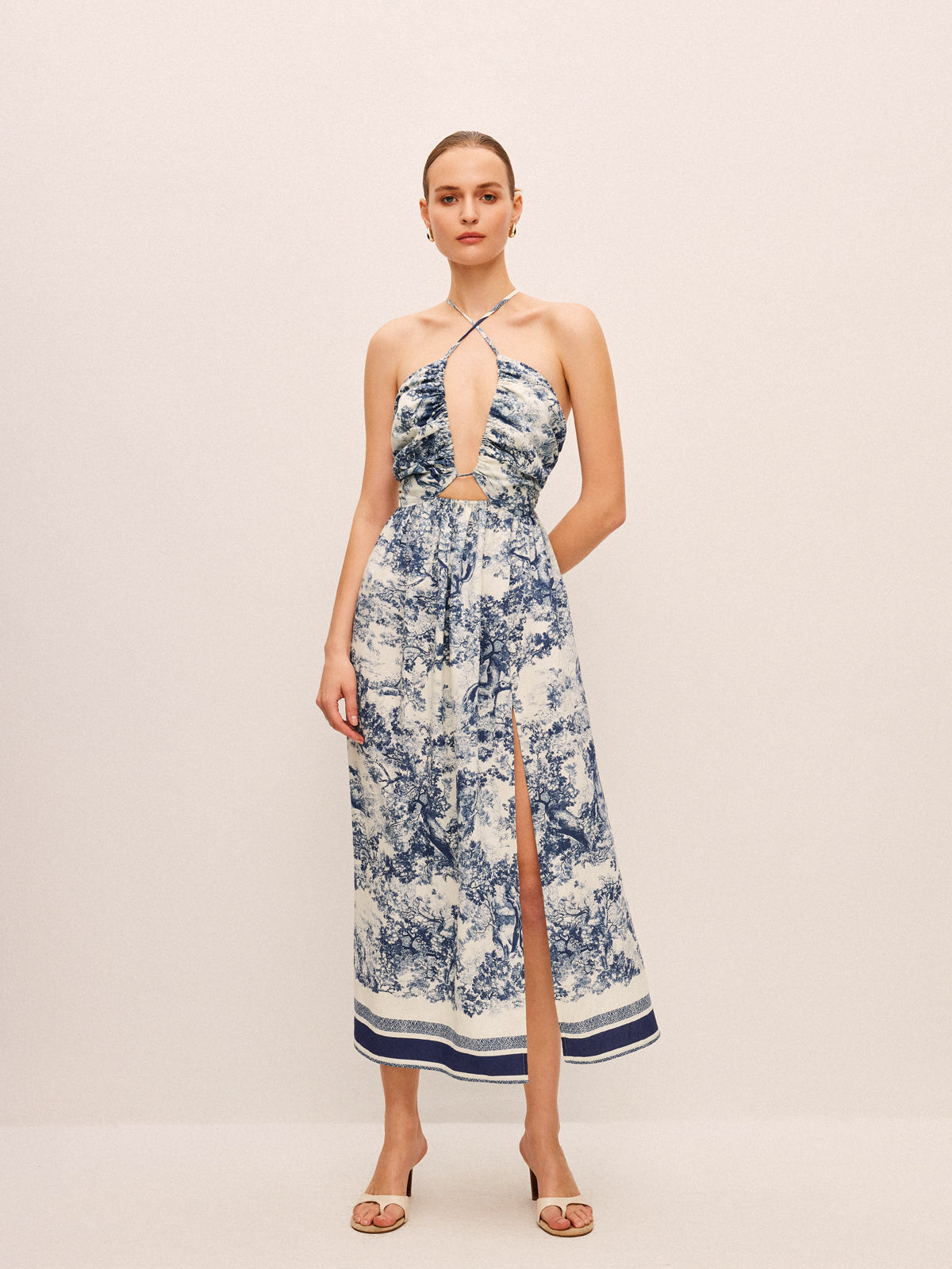 Printed Contrast Trim Knotted Spilt Dress-Massicos