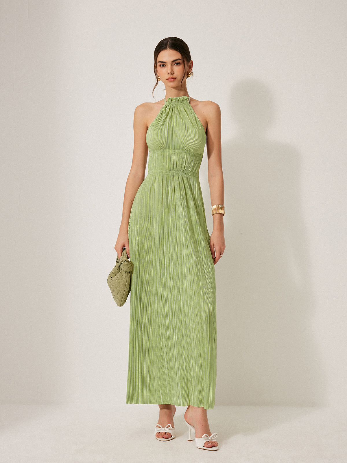 Pleated Halter Backless Dress-Massicos