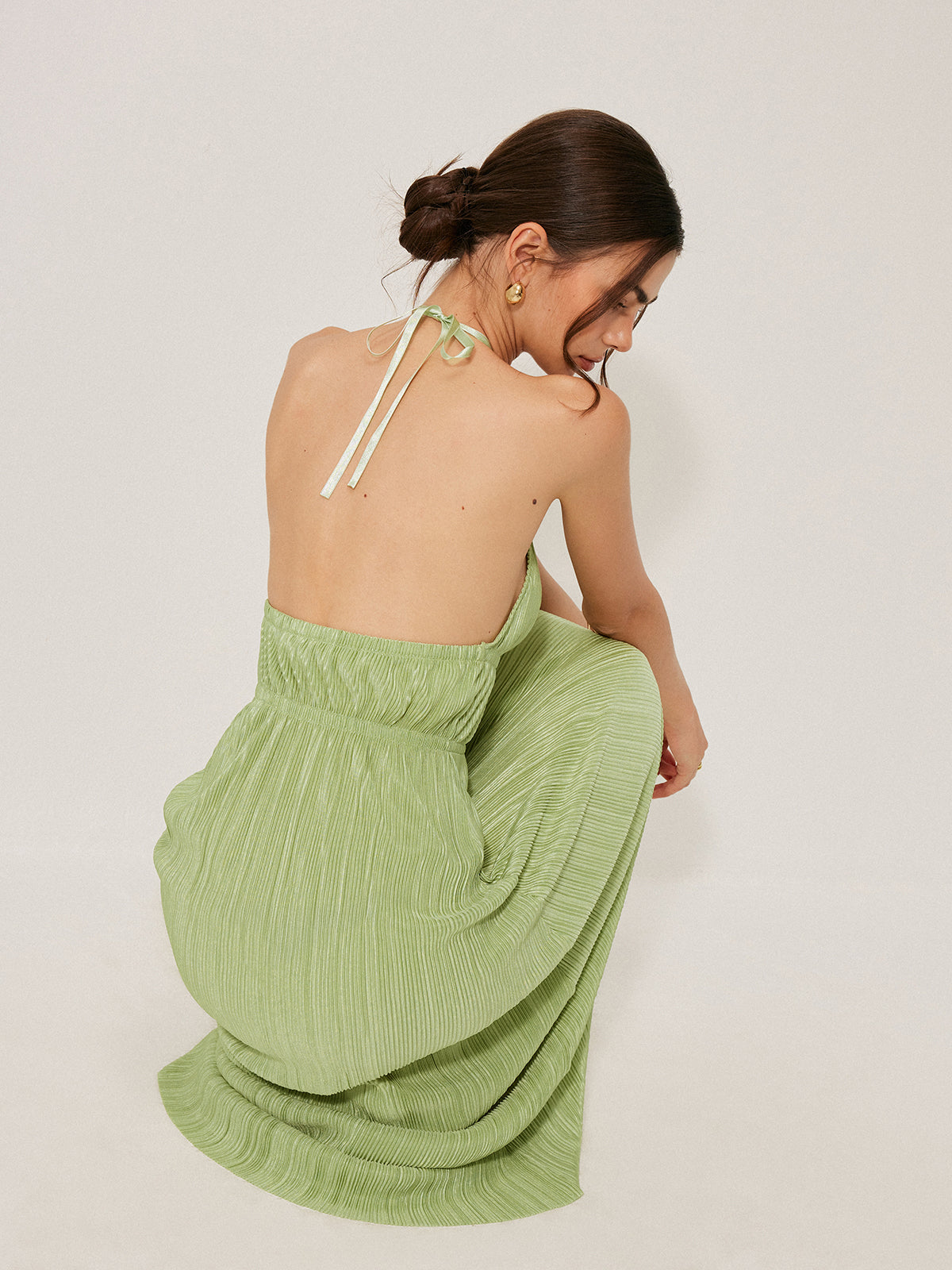 Pleated Halter Backless Dress-Massicos