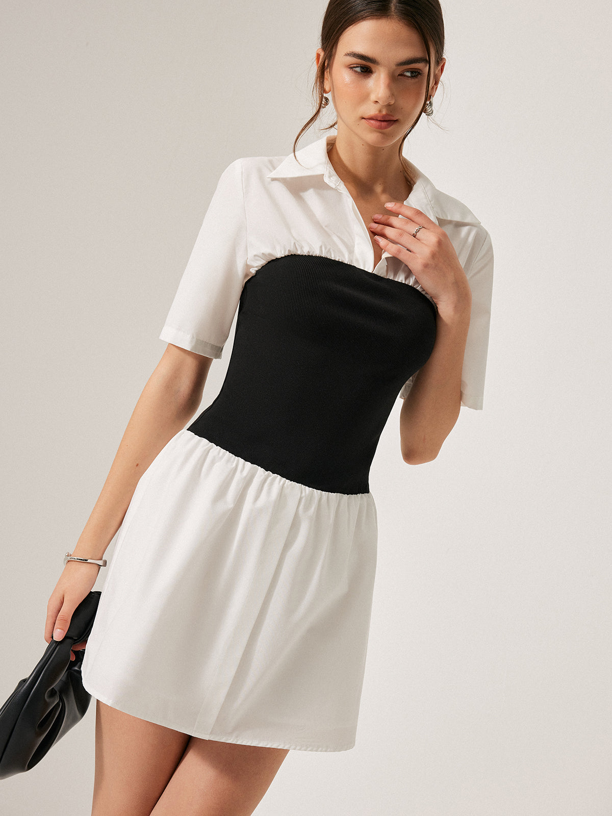 2 in 1 Panel Decor Button Lapel Shirt Dress-Massicos