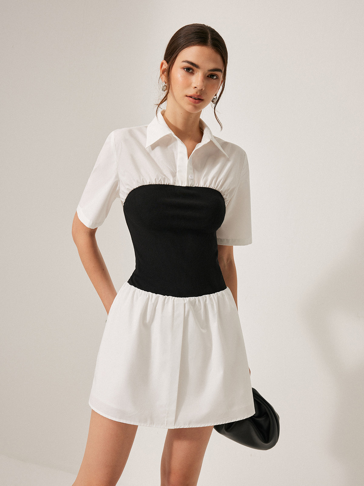 2 in 1 Panel Decor Button Lapel Shirt Dress-Massicos