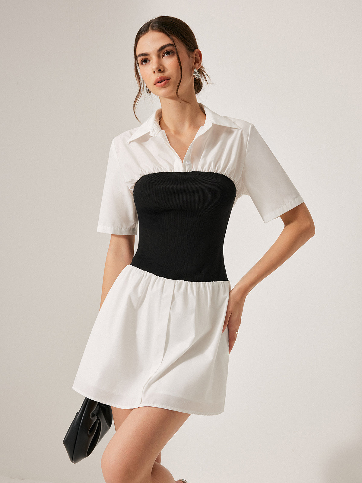 2 in 1 Panel Decor Button Lapel Shirt Dress-Massicos