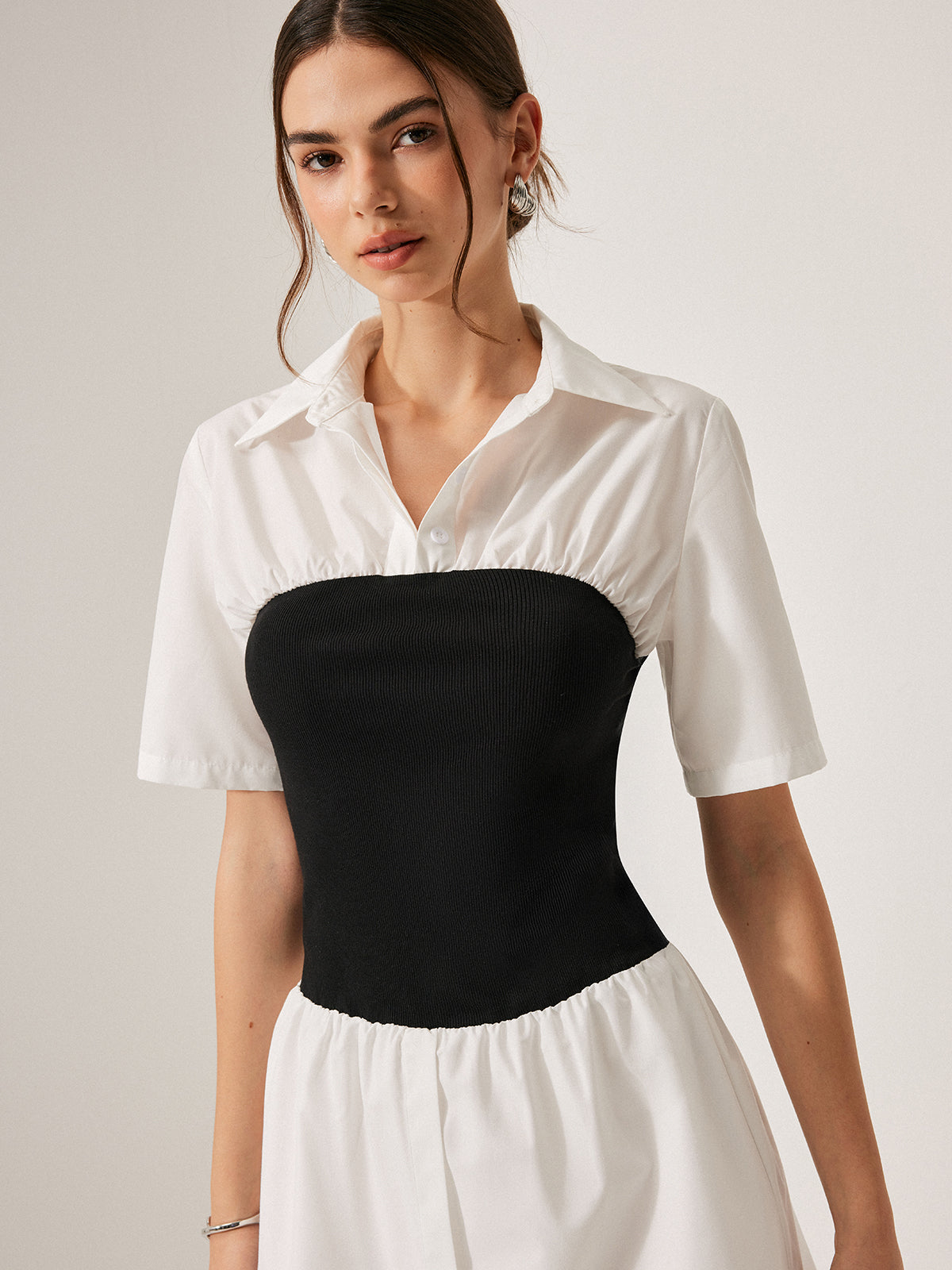 2 in 1 Panel Decor Button Lapel Shirt Dress-Massicos