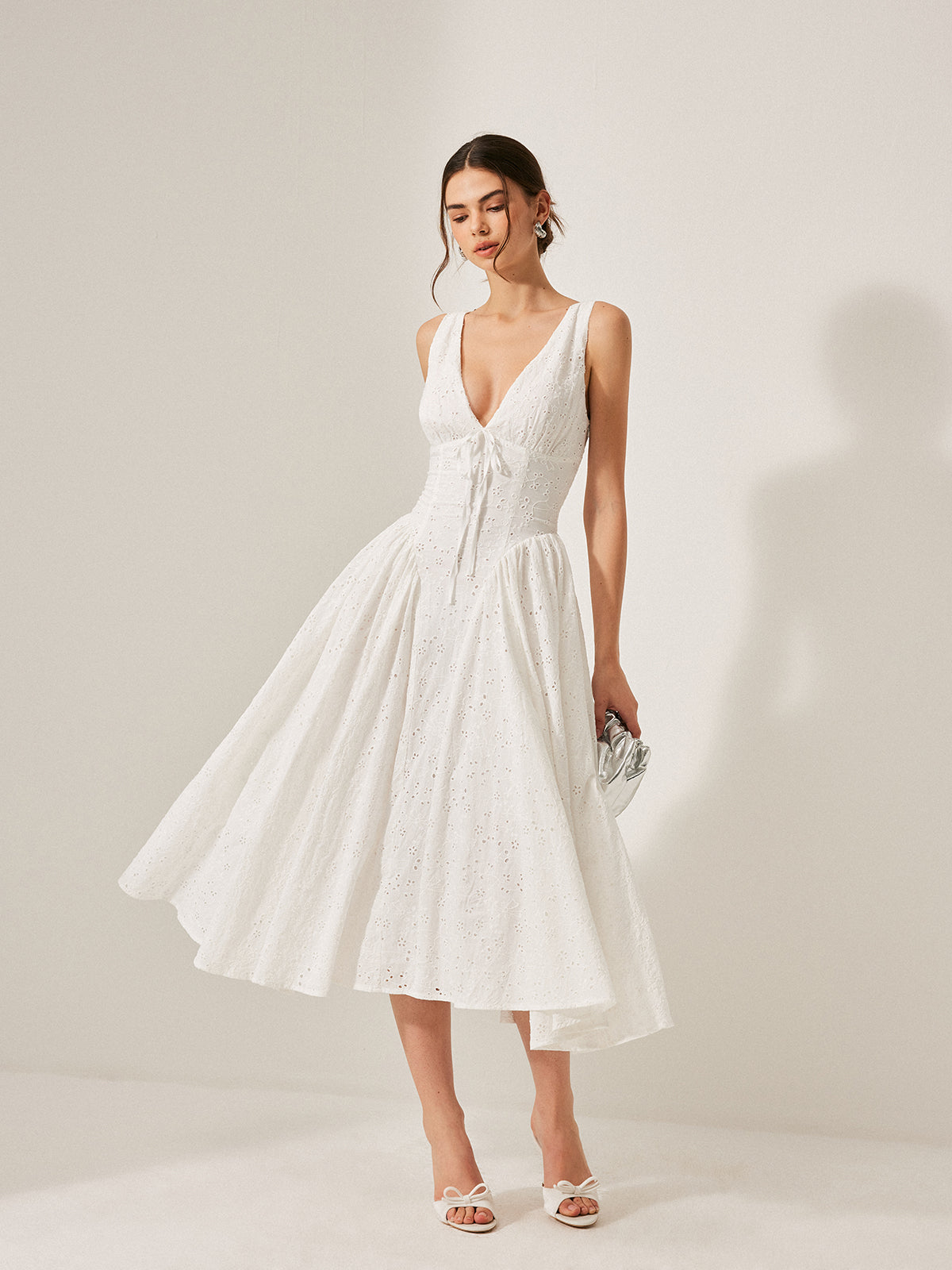Cotton Embroidered Back Lace-Up Dress-Massicos