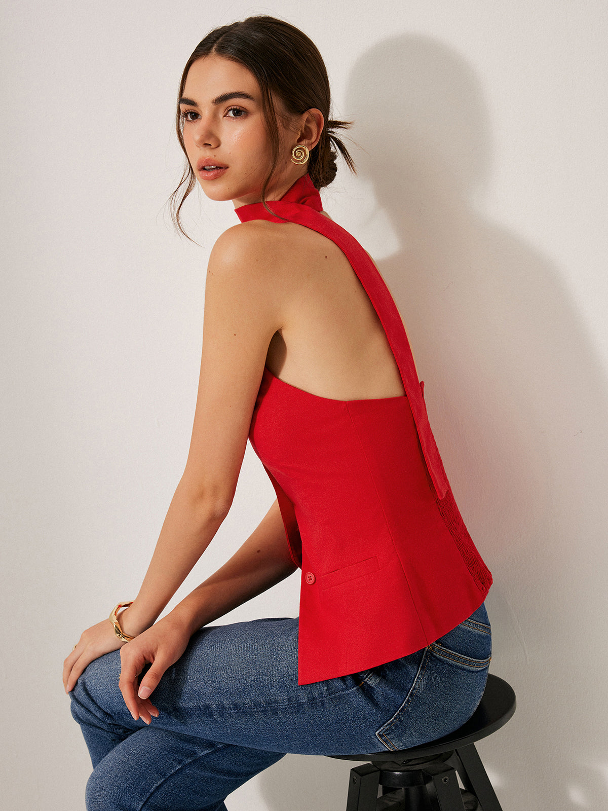 Cotton & Linen Halter Top With Decor Pockets-Massicos
